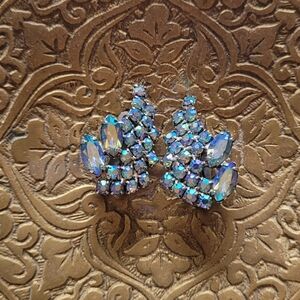 Vintage Continental Blue Aurora Borealis Rhinestones Earrings